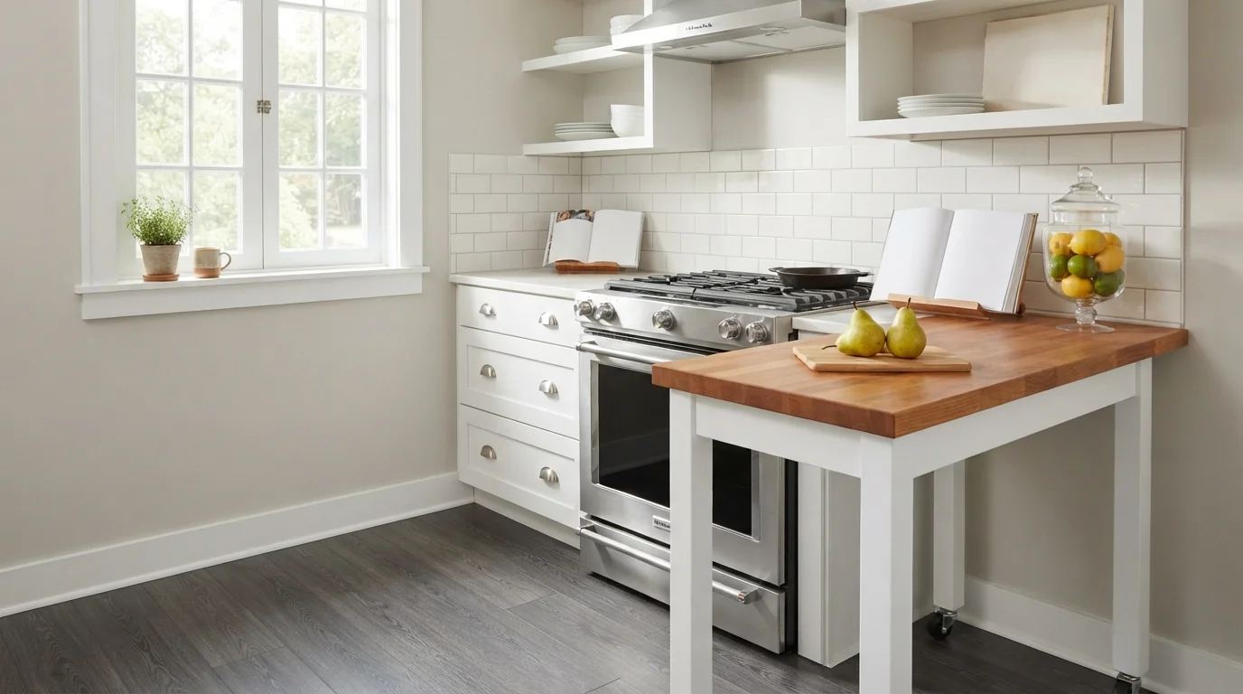 Crisp Farmhouse Prep — small kitchen painted in Urban Calm