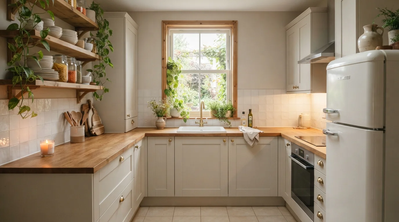 Cozy Botanical Cottage — small kitchen painted in Shaded Hammock