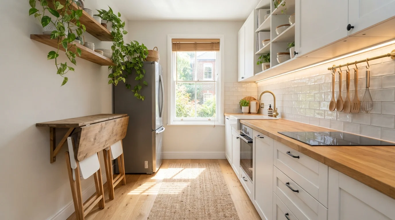 Sunlit Galley Kitchen — small kitchen painted in Villa White