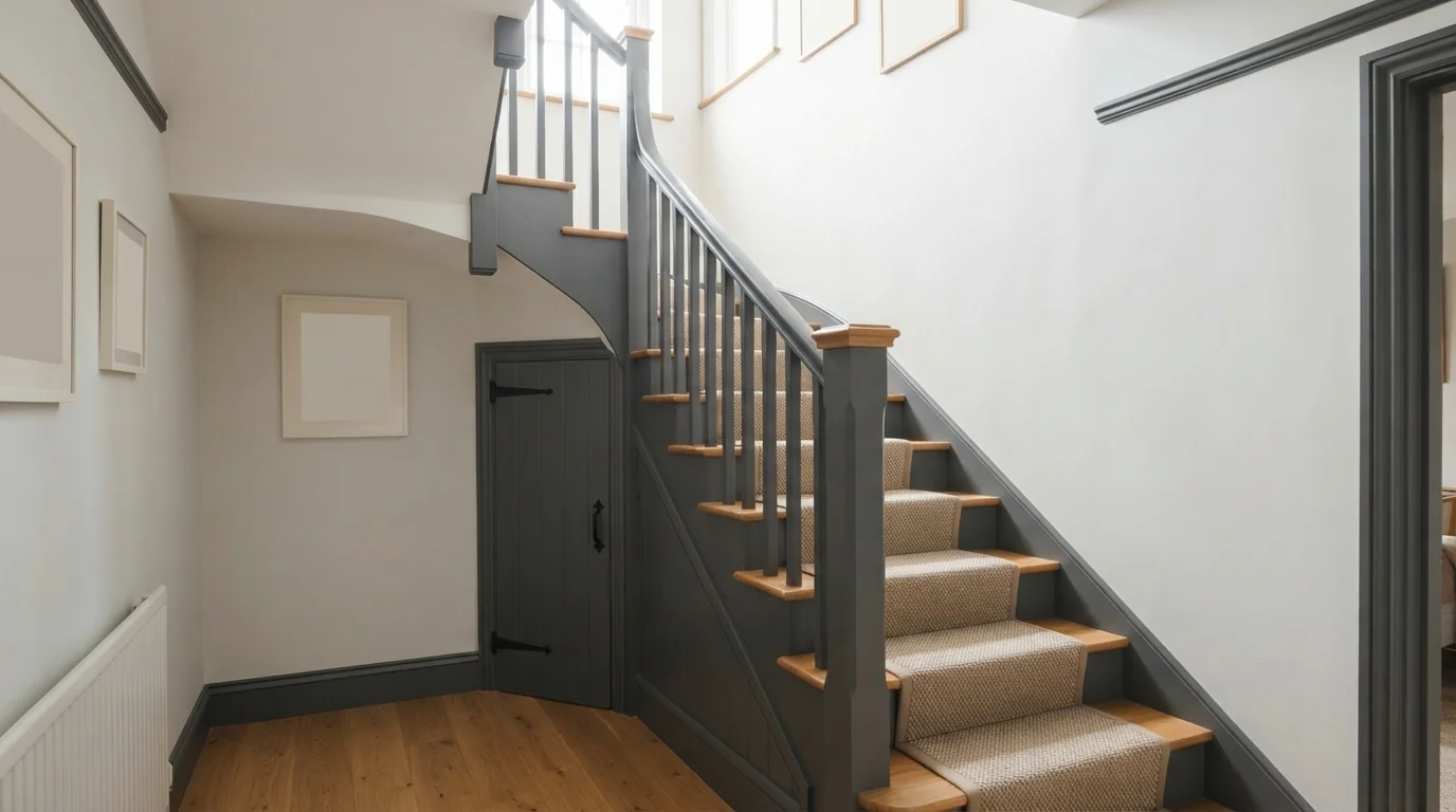 gray staircase color idea — Gallery White · Behr