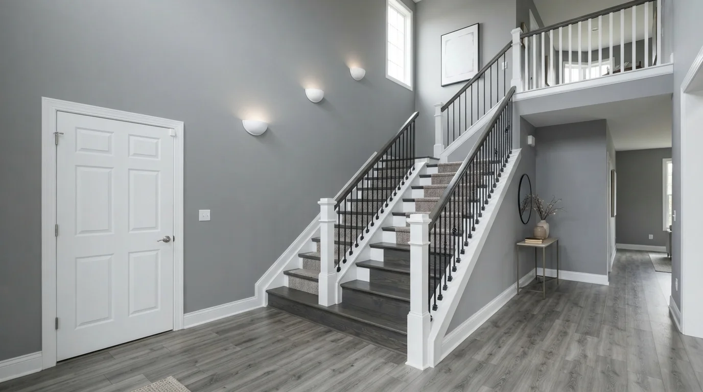 Cool Slate Entry — gray staircase painted in Steely Gray