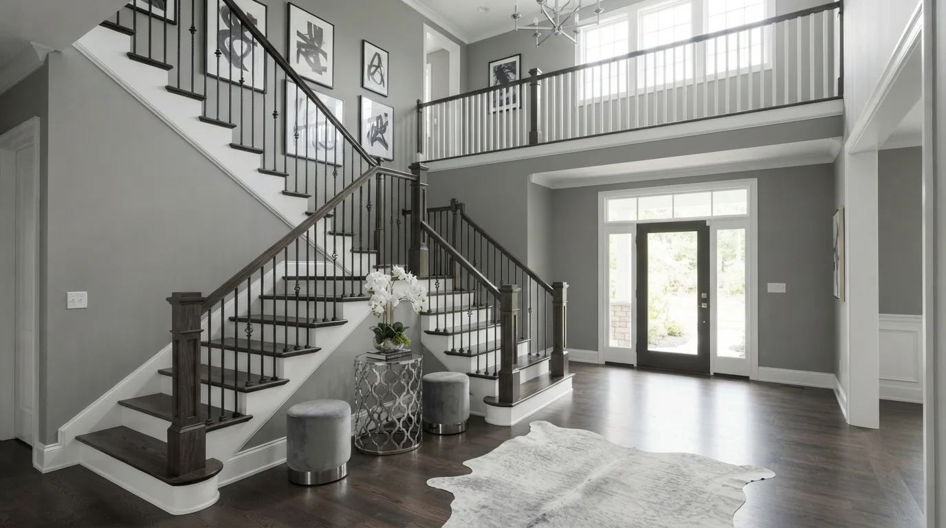 Tailored Gray Foyer — gray staircase painted in Still Life in Gray