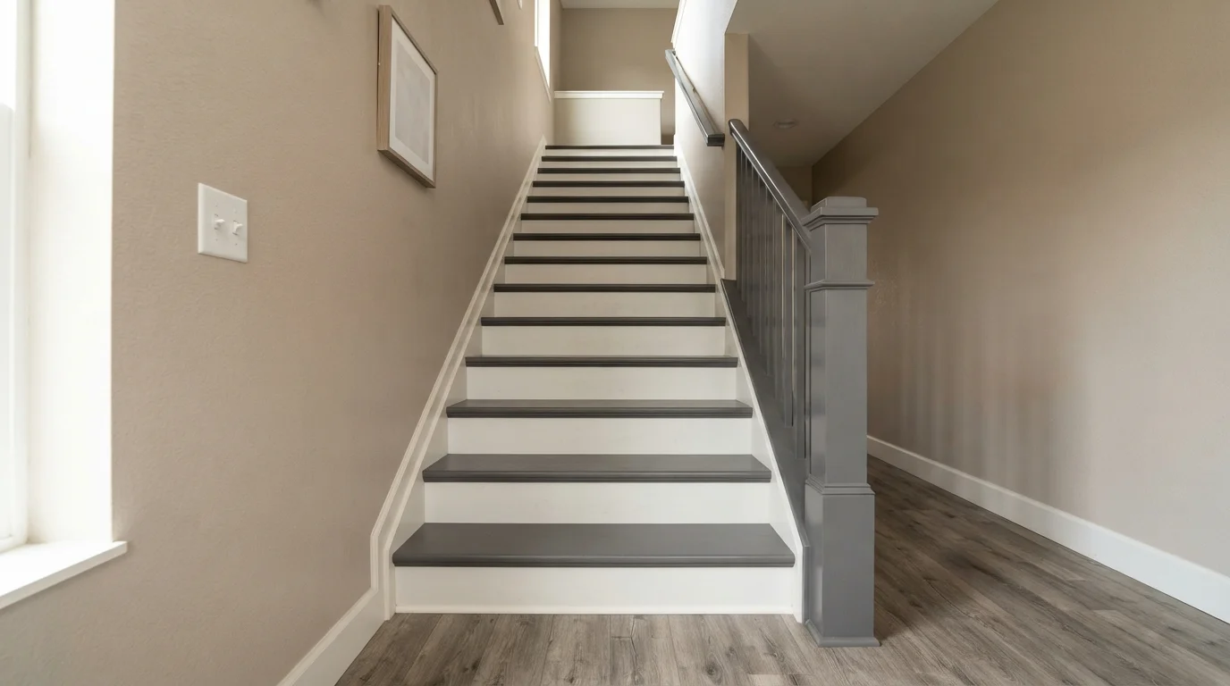 Slate and Crisp White — gray staircase painted in Perfect Taupe