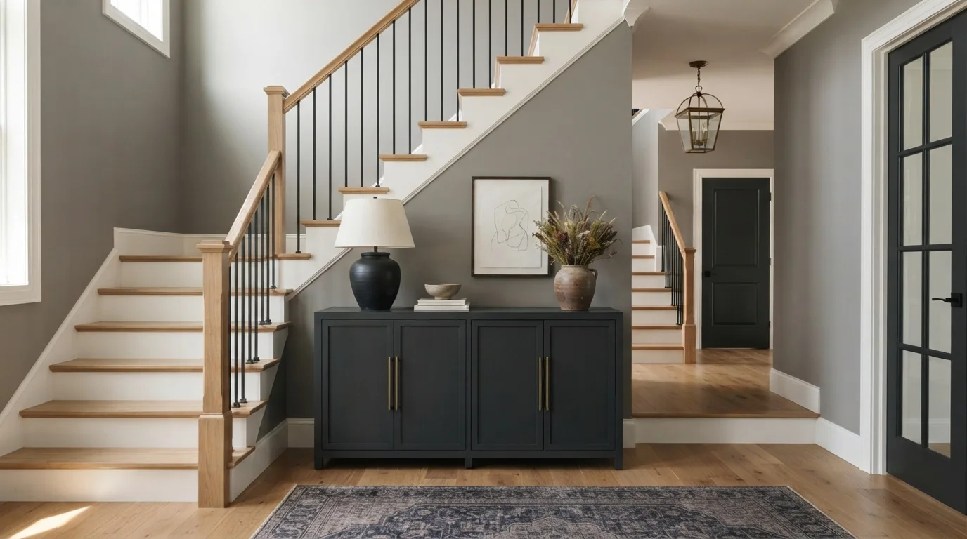 Tailored Greige Entry — gray staircase painted in On The Edge