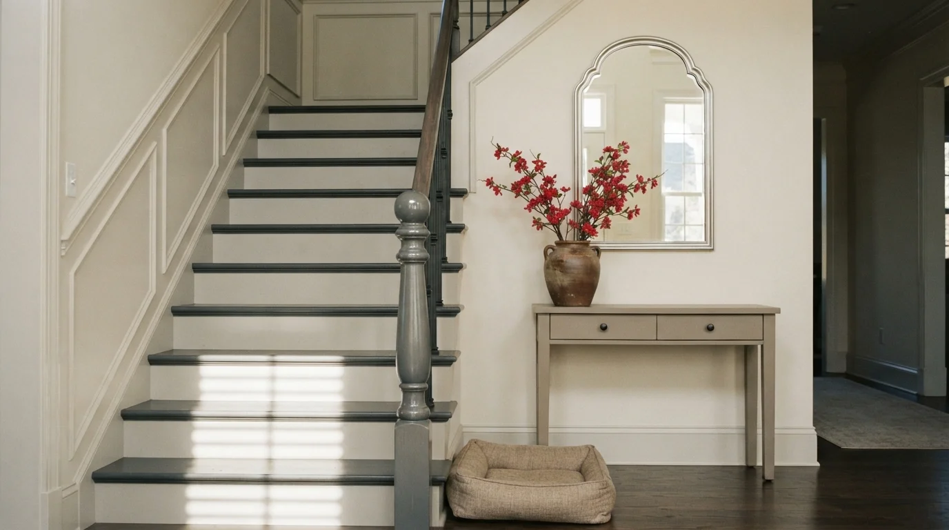 Slate and Blossom Entry — gray staircase painted in Water Chestnut