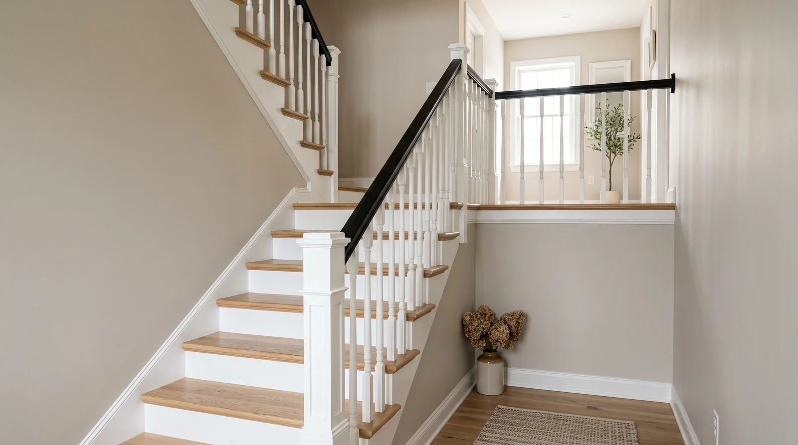 black handrails, light walls — trending staircase colors 2026