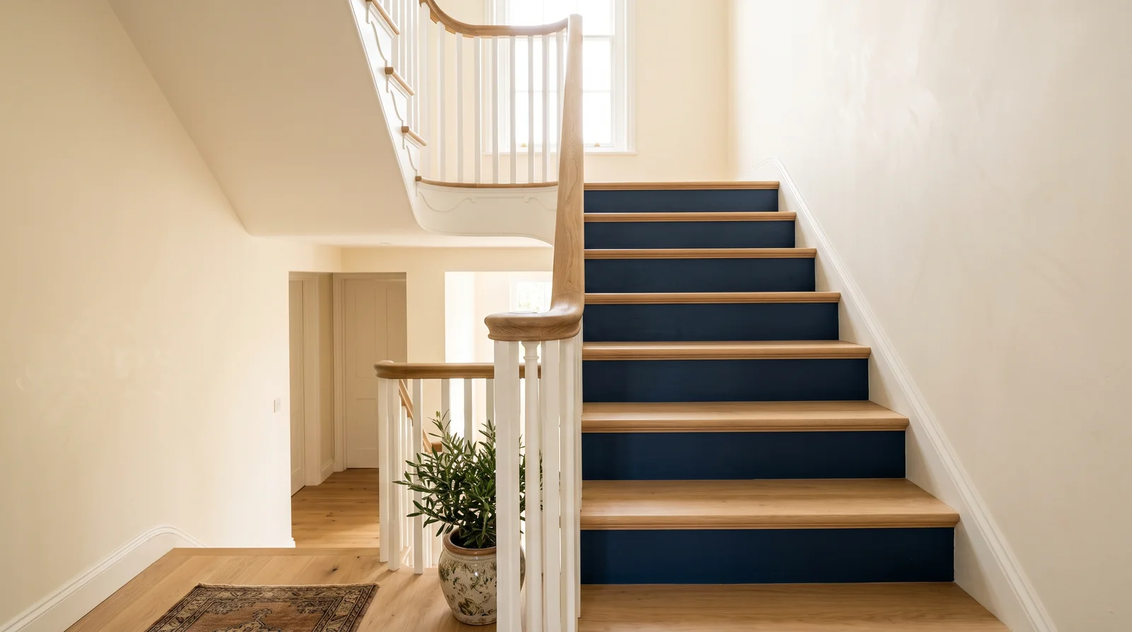 painted risers under wood treads — trending staircase colors 2026