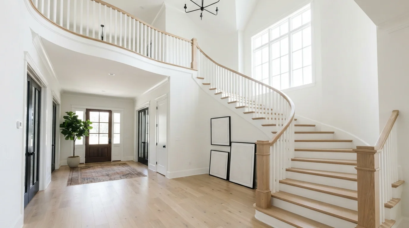 Sunlit Sculptural Foyer — white staircase painted in Nano White