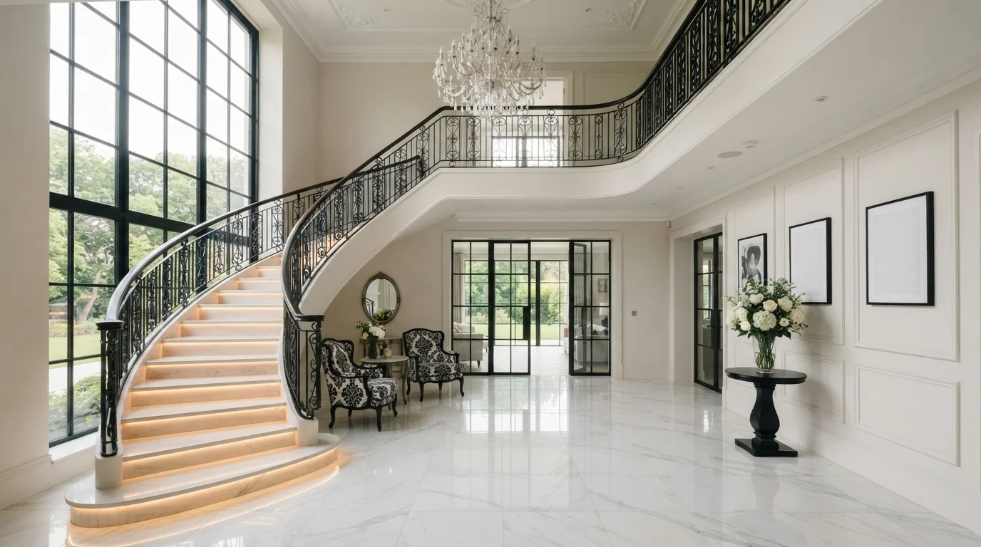 Illuminated Ivory Grandeur — white staircase painted in Coconut