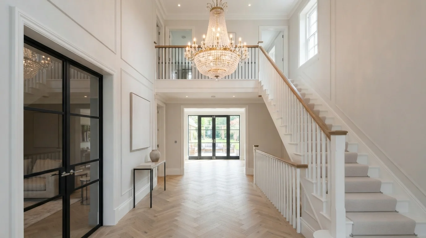 Luminous Grand Entry — white staircase painted in Natural White