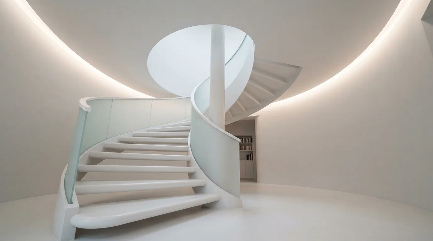 Sculptural Pure White — white staircase painted in Pale Bud
