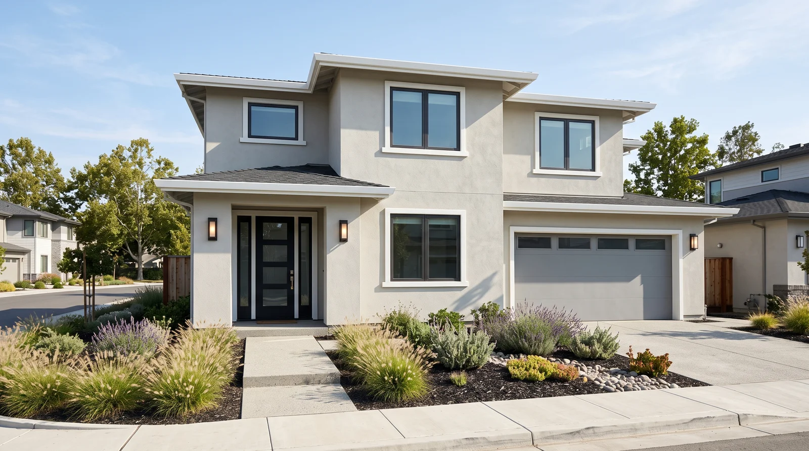 Greige Contemporary Stucco — stucco exterior painted in Silver Drop