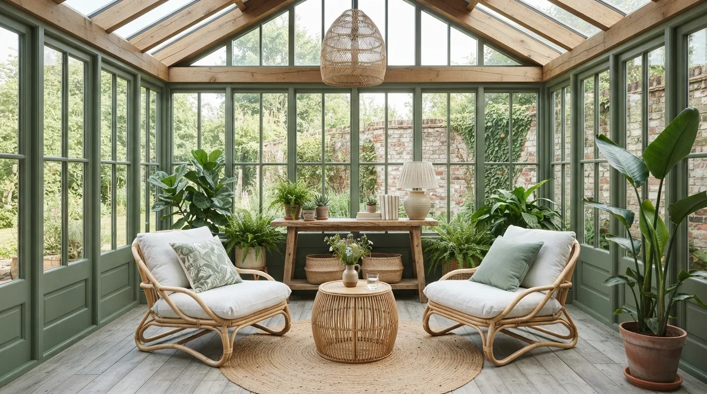 Botanical Sunroom Haven — green sunroom painted in Seaweed