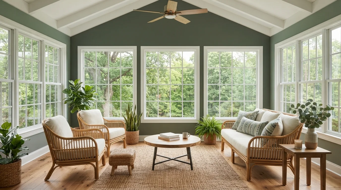 Botanical Garden Sunroom — green sunroom painted in Awning Stripe Green
