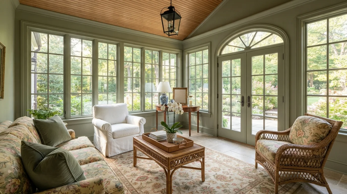 Sage Garden Conservatory — green sunroom painted in Edamame