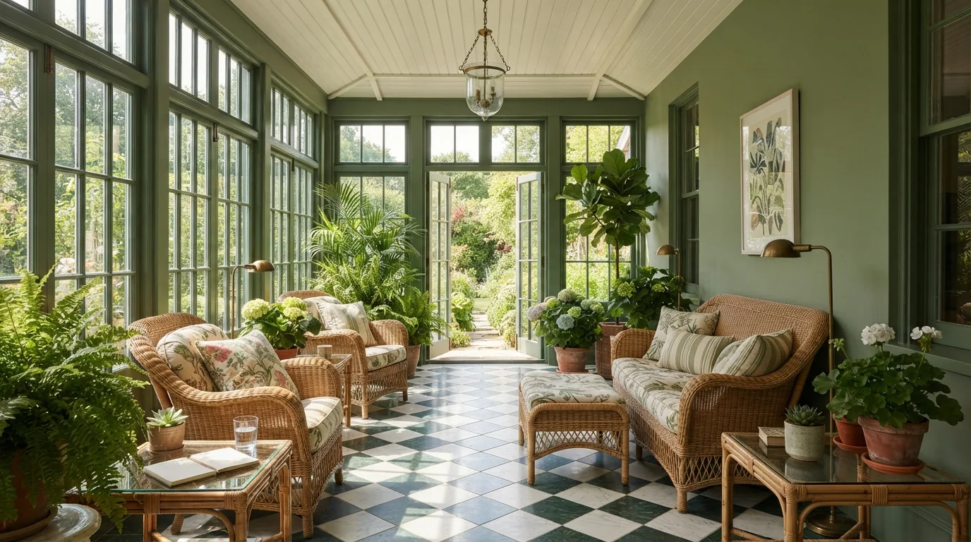 Botanical Sunroom Green — green sunroom painted in Money