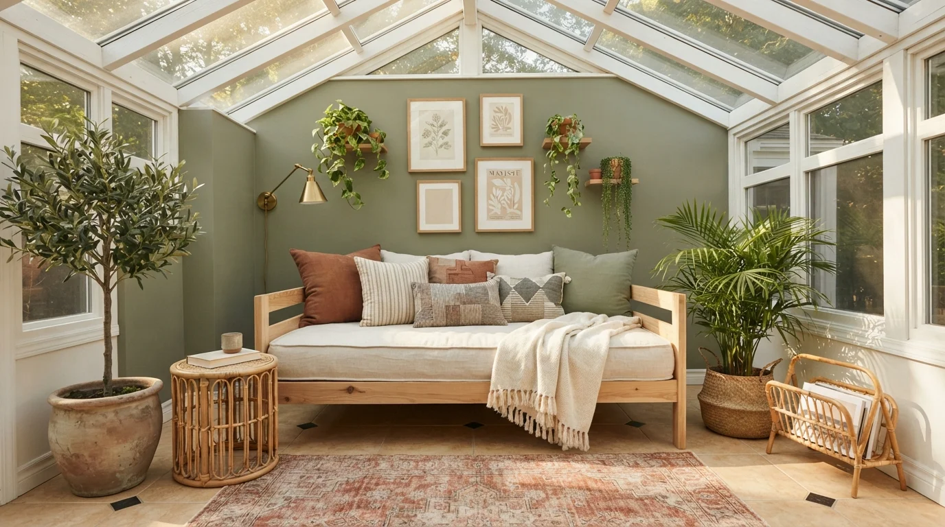Sunlit Sage Solarium — green sunroom painted in Carriage Door