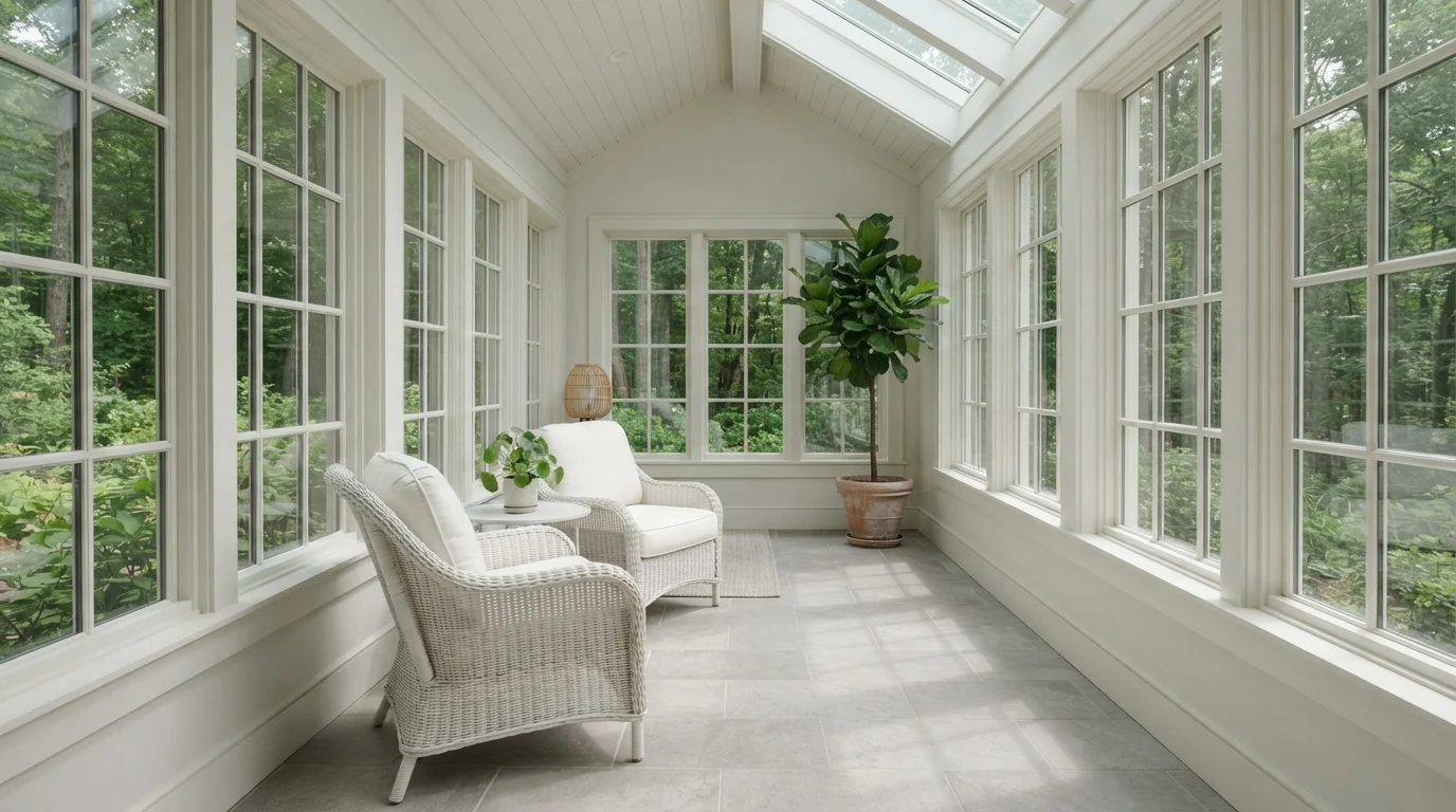 Crisp White Sunroom — white sunroom painted in Pure White