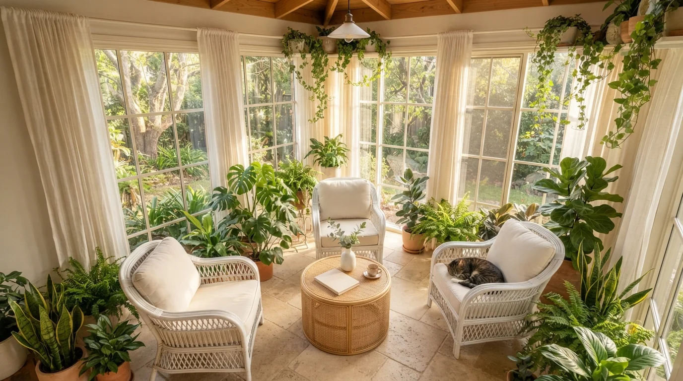 Sunlit Garden Conservatory — white sunroom painted in Antique Paper
