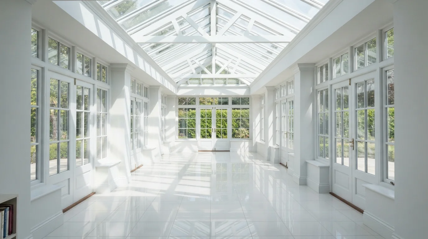 Luminous Conservatory Hall — white sunroom painted in Pale Bud