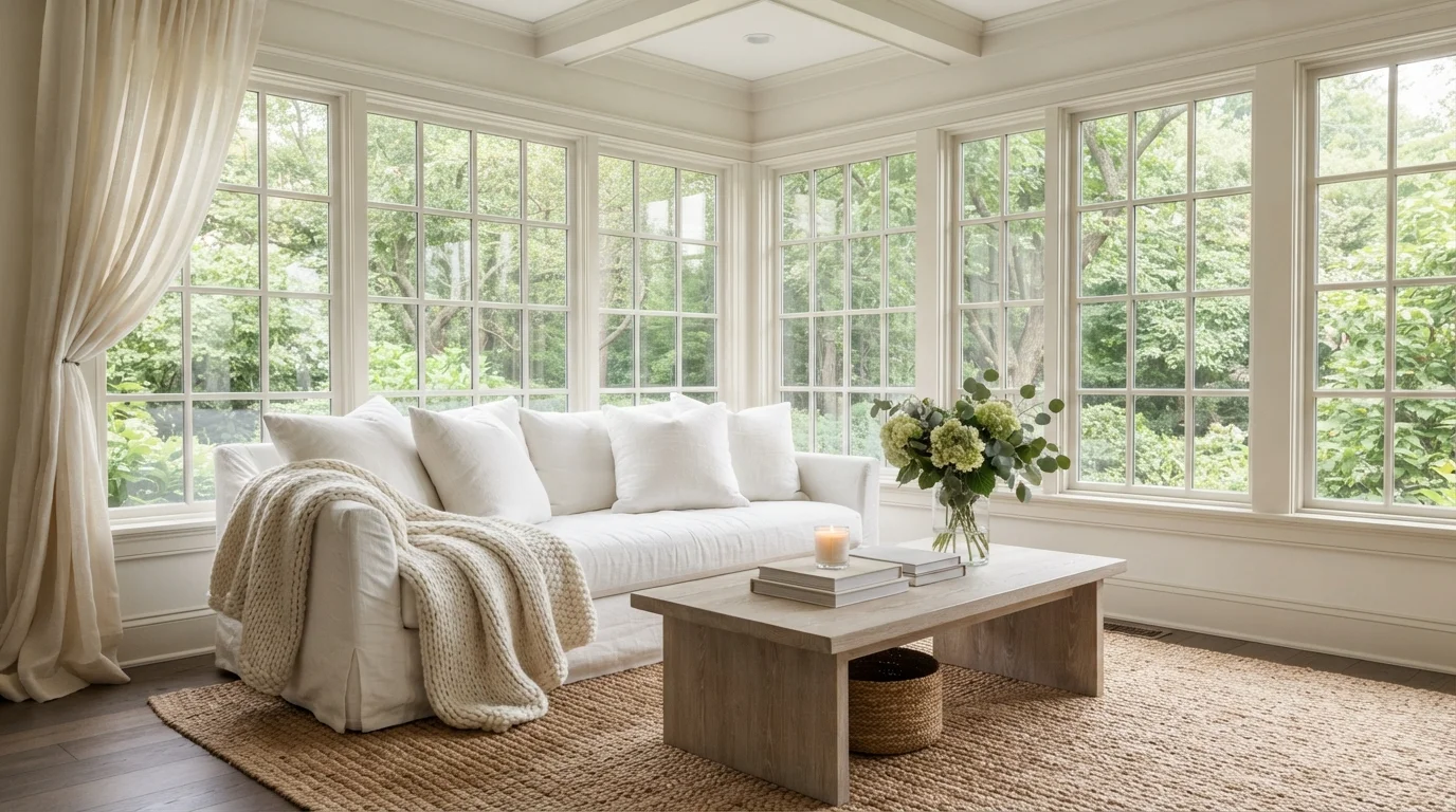 Sunlit Linen Sanctuary — white sunroom painted in Barely There