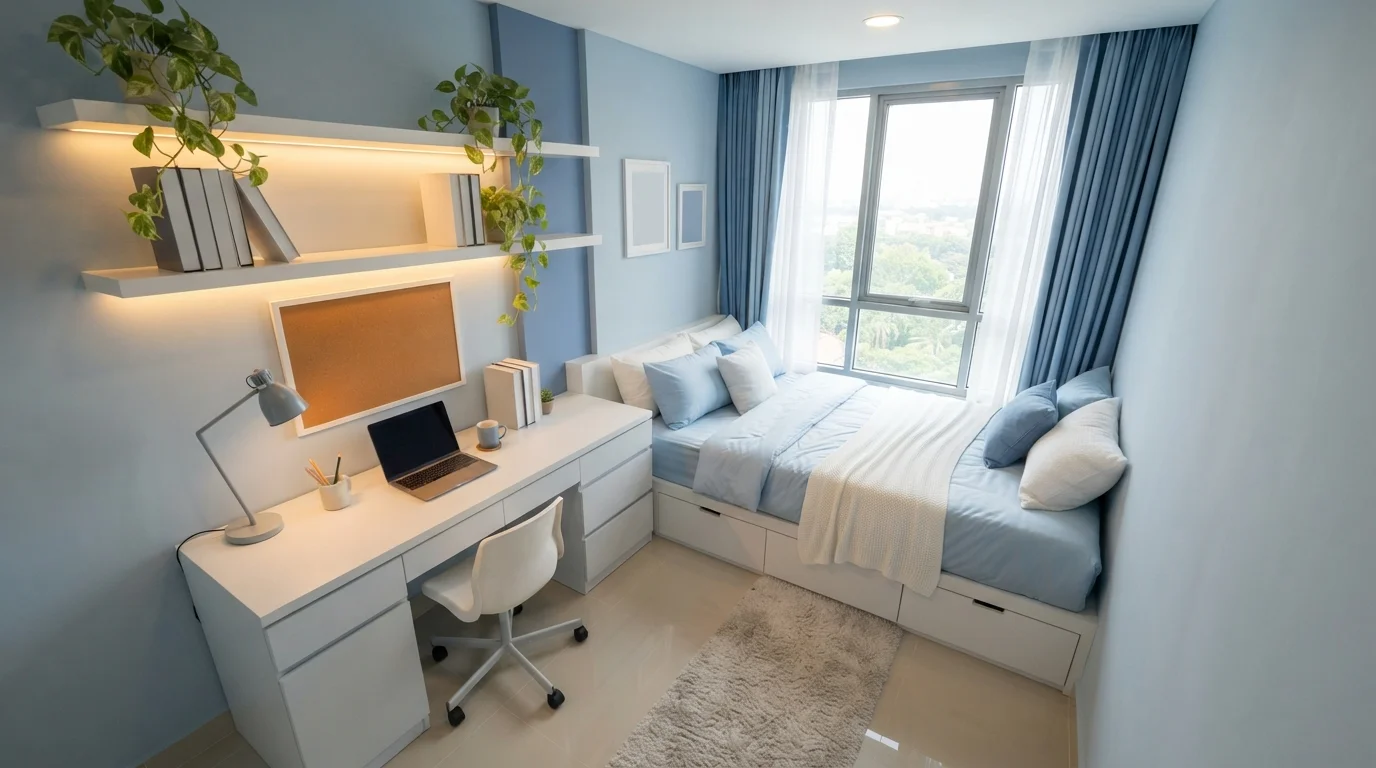 Powder Blue Haven — blue teen room painted in Island Morning Blue