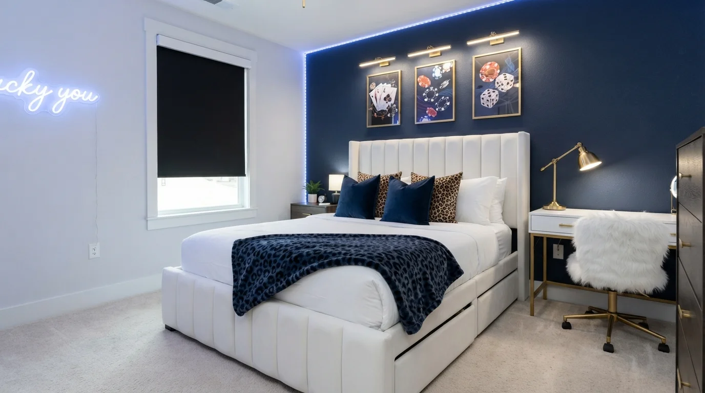 Midnight Glow Bedroom — blue teen room painted in Soulful Music