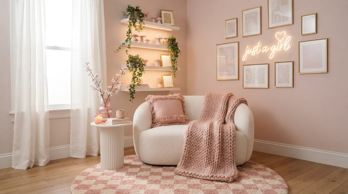 Blush Boucle Nook — pink teen room painted in Whirligig