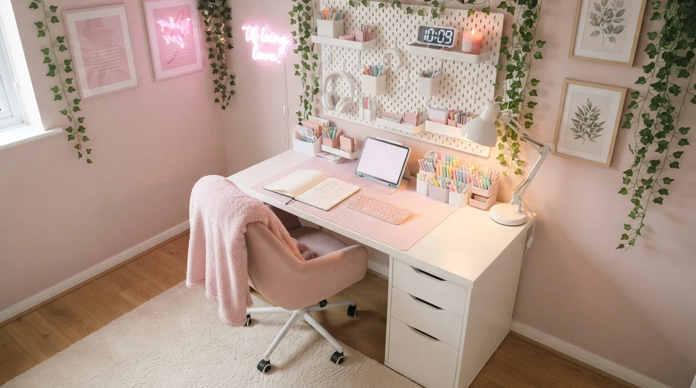 Pastel Blush Study Nook — pink teen room painted in Barely Berry