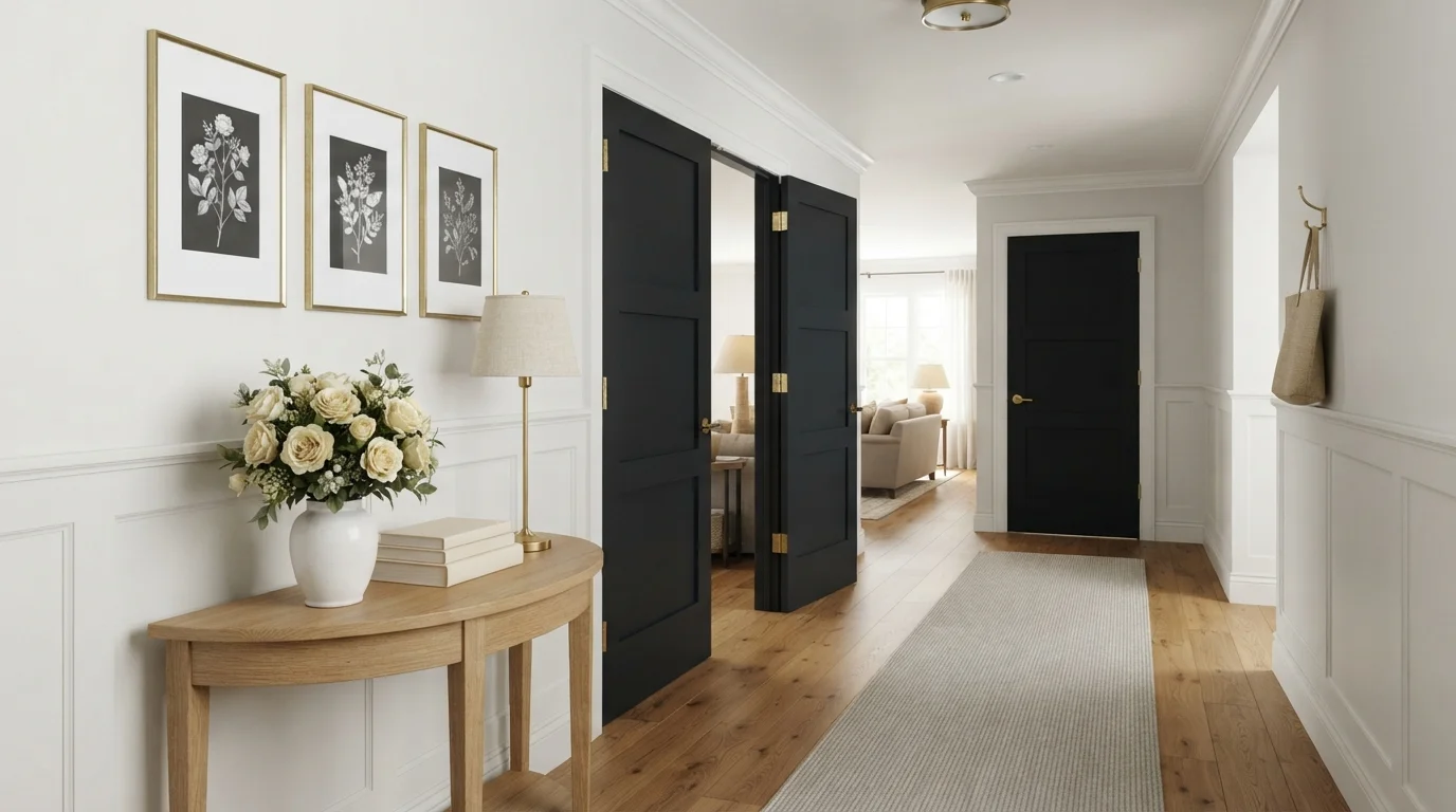 High-Contrast Classic Hallway — black trim painted in Hocus Pocus