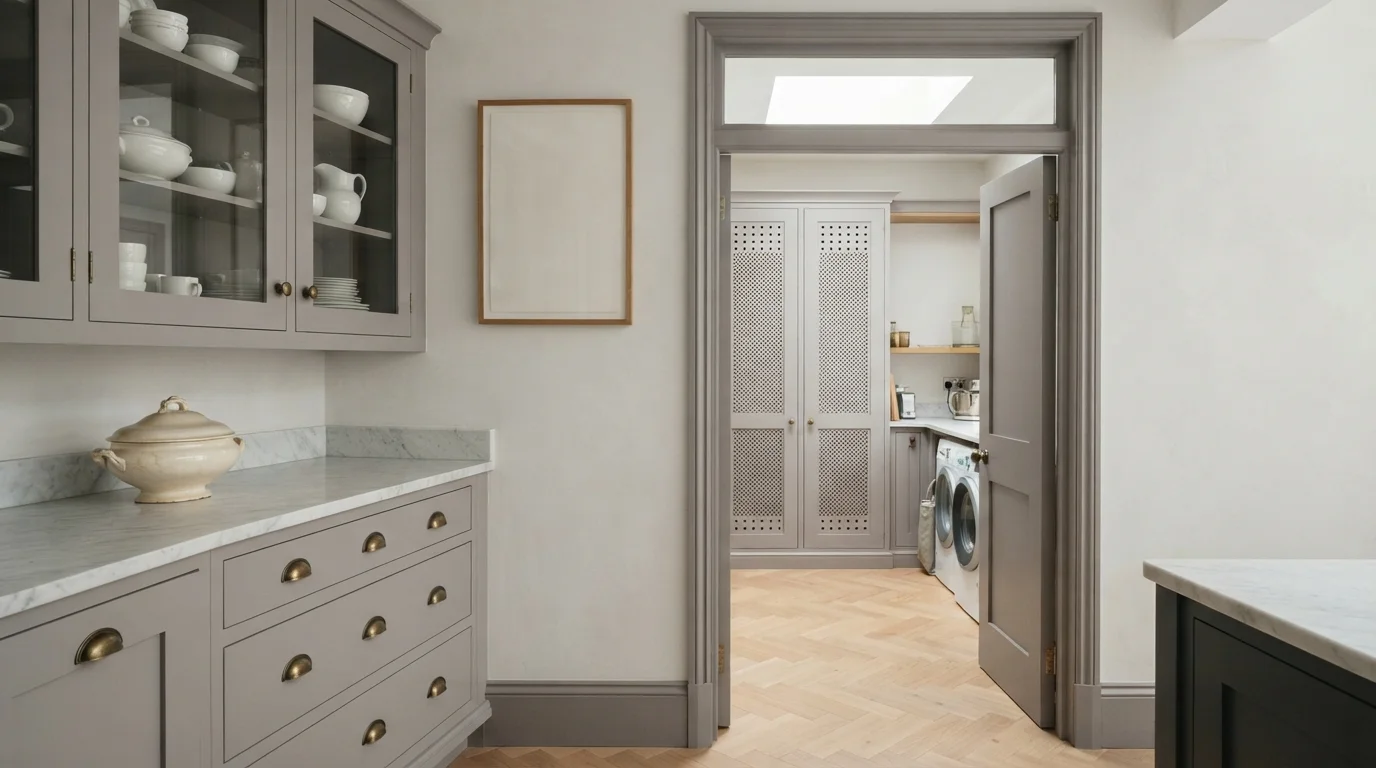 Muted Greige Kitchen — gray trim painted in Urban Lift