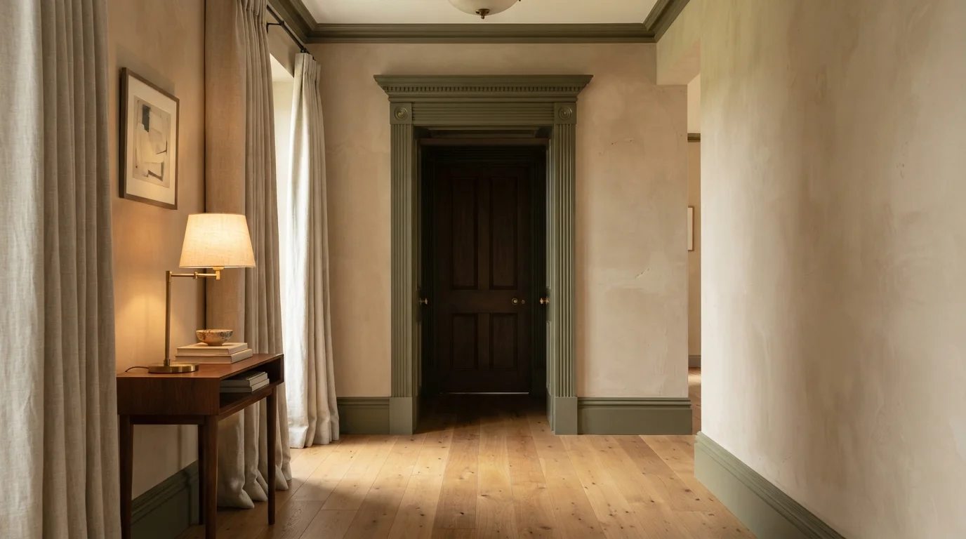 Muted Olive Contrast — green trim painted in Sandwashed Driftwood