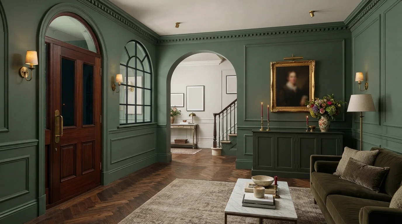 Heritage Olive Parlor — green trim painted in Seaweed