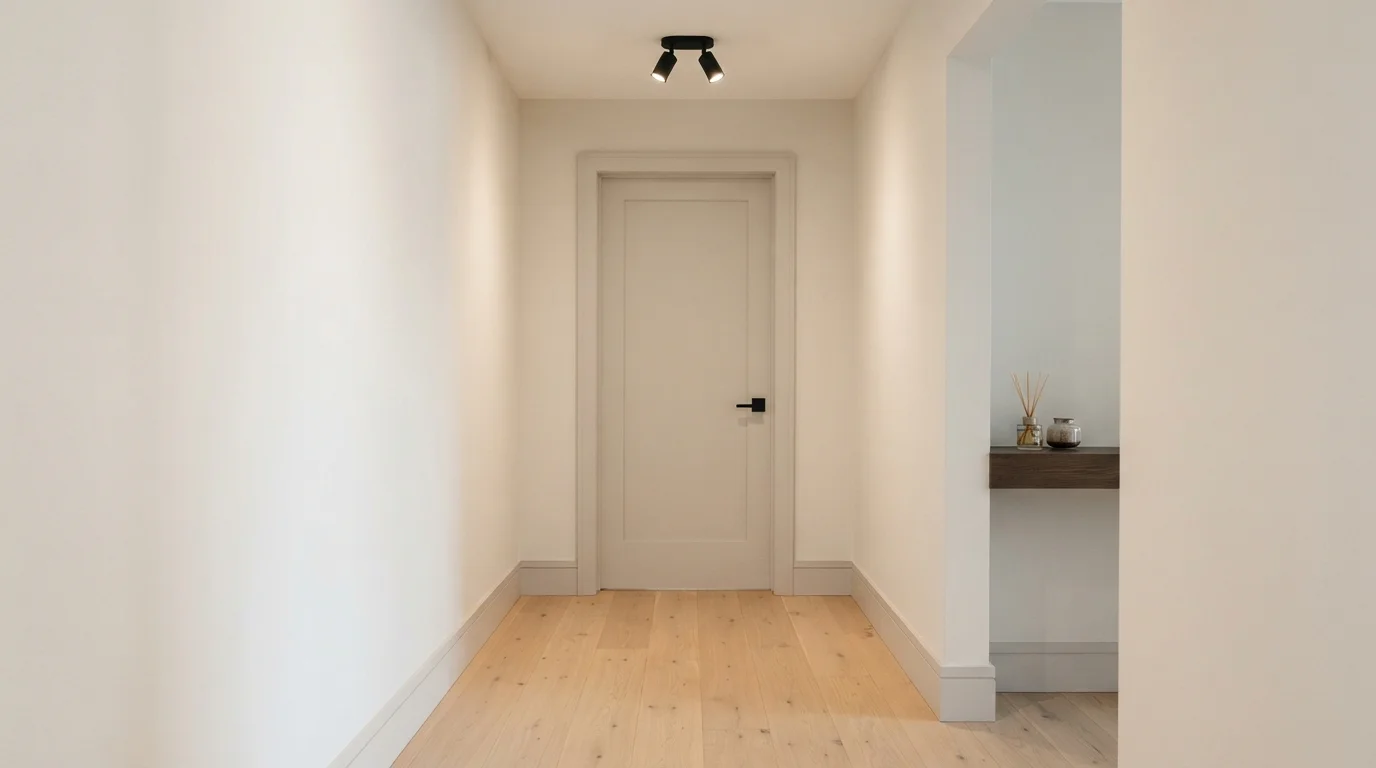 Warm Minimalist Hallway — white trim painted in French Castle