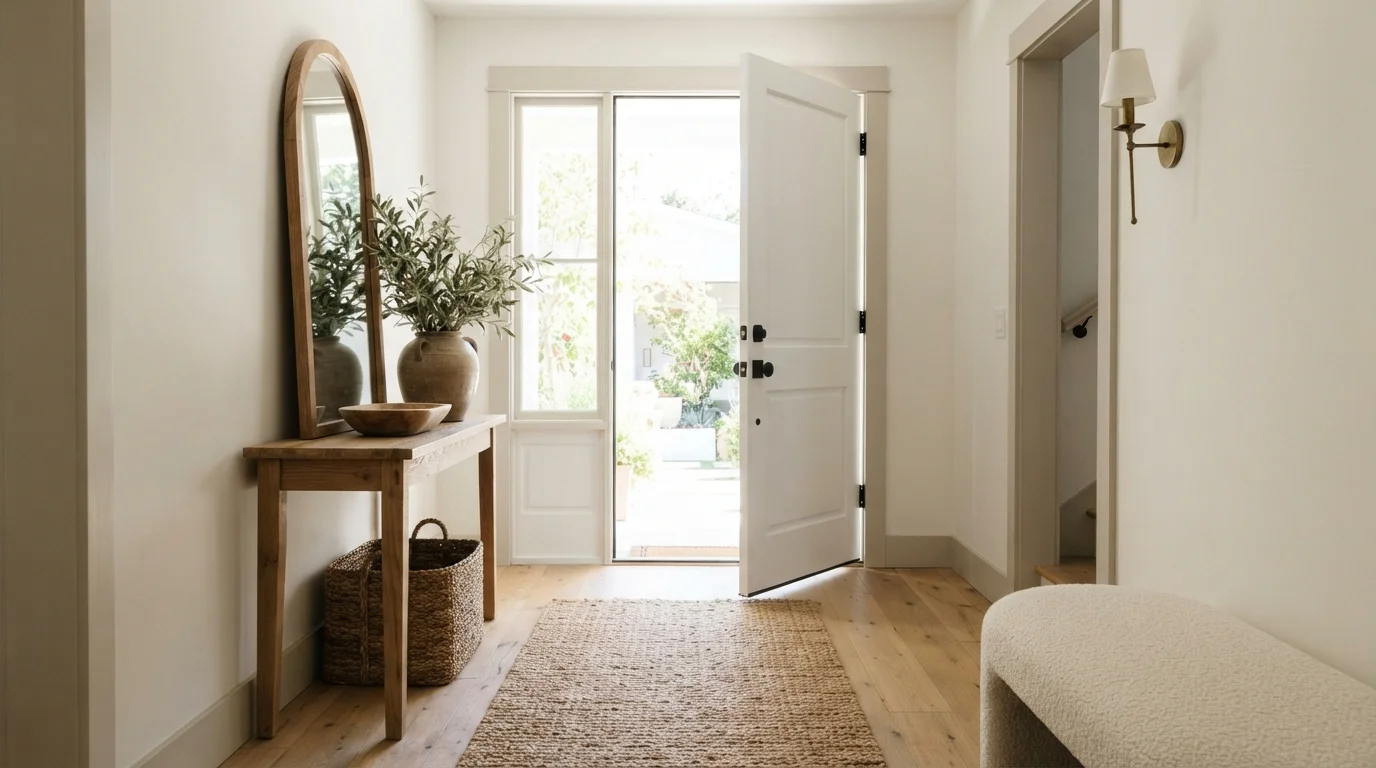 Warm Sand Entry — white trim painted in Soft Stones