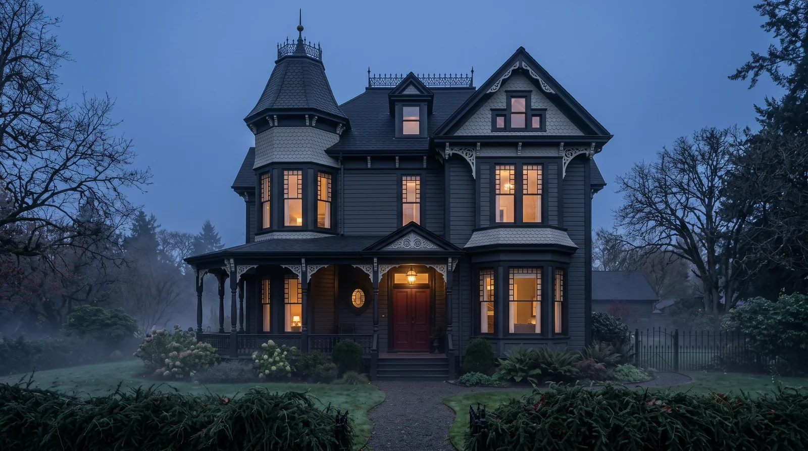 Dark And Moody Victorian — victorian exterior painted in Down Pipe
