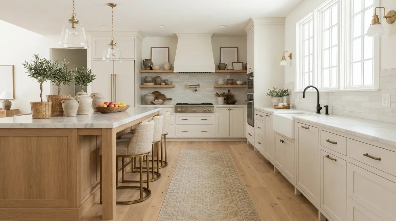 Creamy Modern Farmhouse Kitchen — white kitchen painted in Snow Day