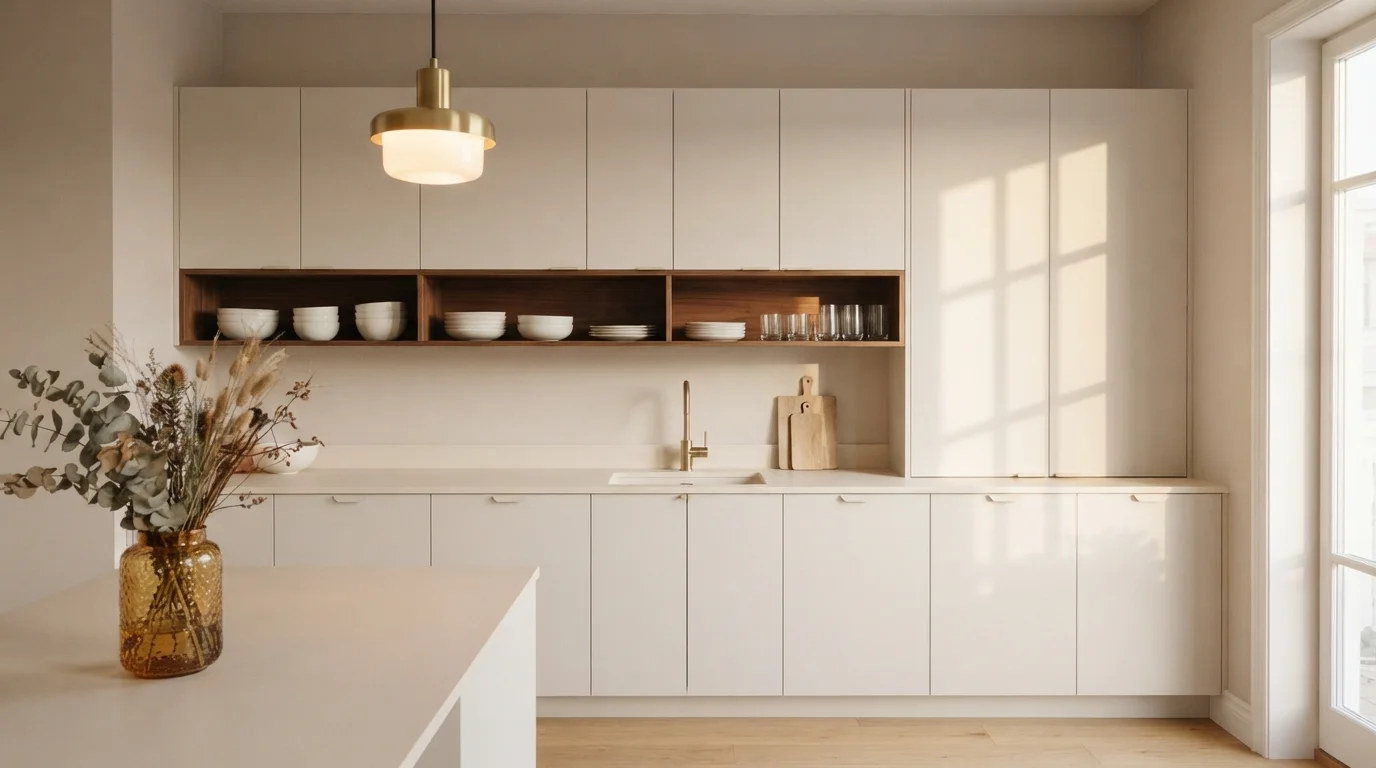 Warm Minimalist Cream — white kitchen painted in Drabware