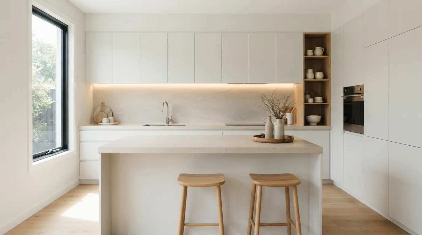 Warm Linen Minimalism — white kitchen painted in Commercial White