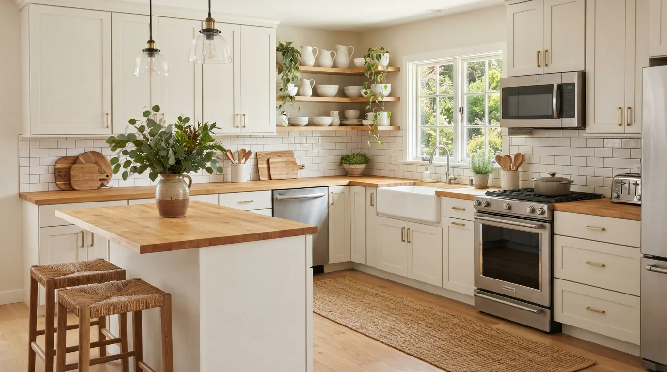 Warm Cottage White — white kitchen painted in Sugar