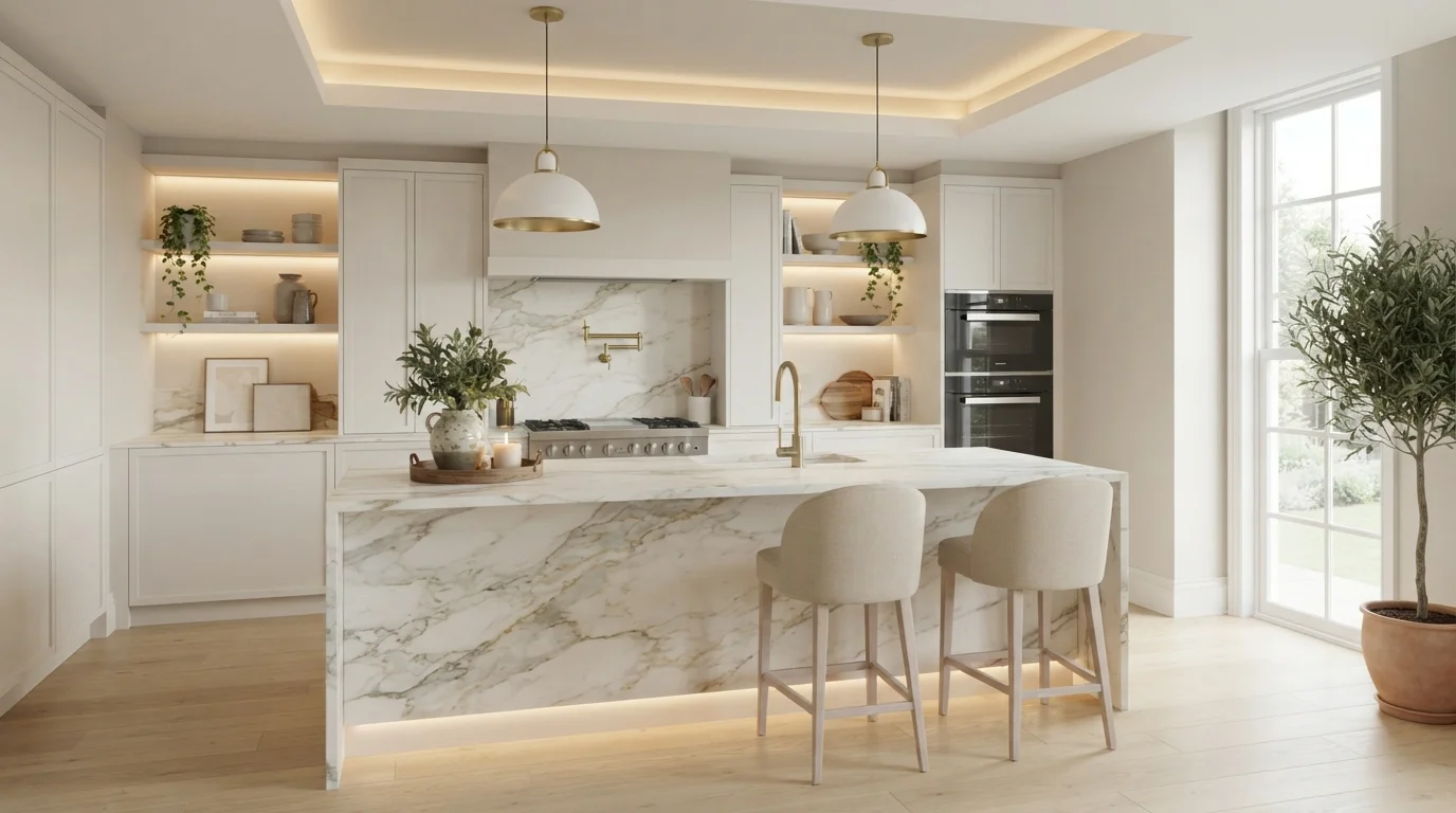 Luminous Warm Minimalist — white kitchen painted in Fossil