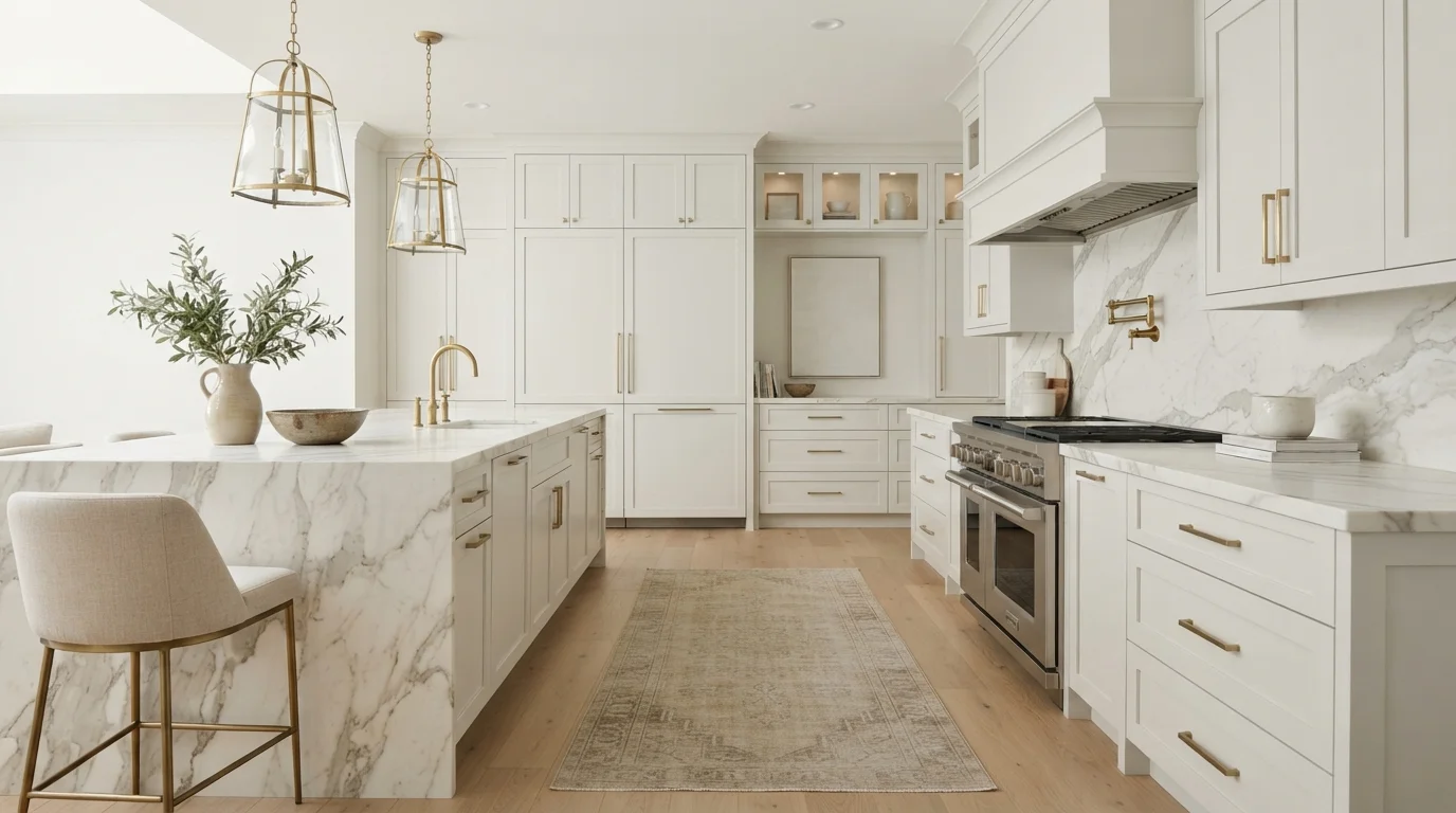 Warm Marble Classic — white kitchen painted in White Snow