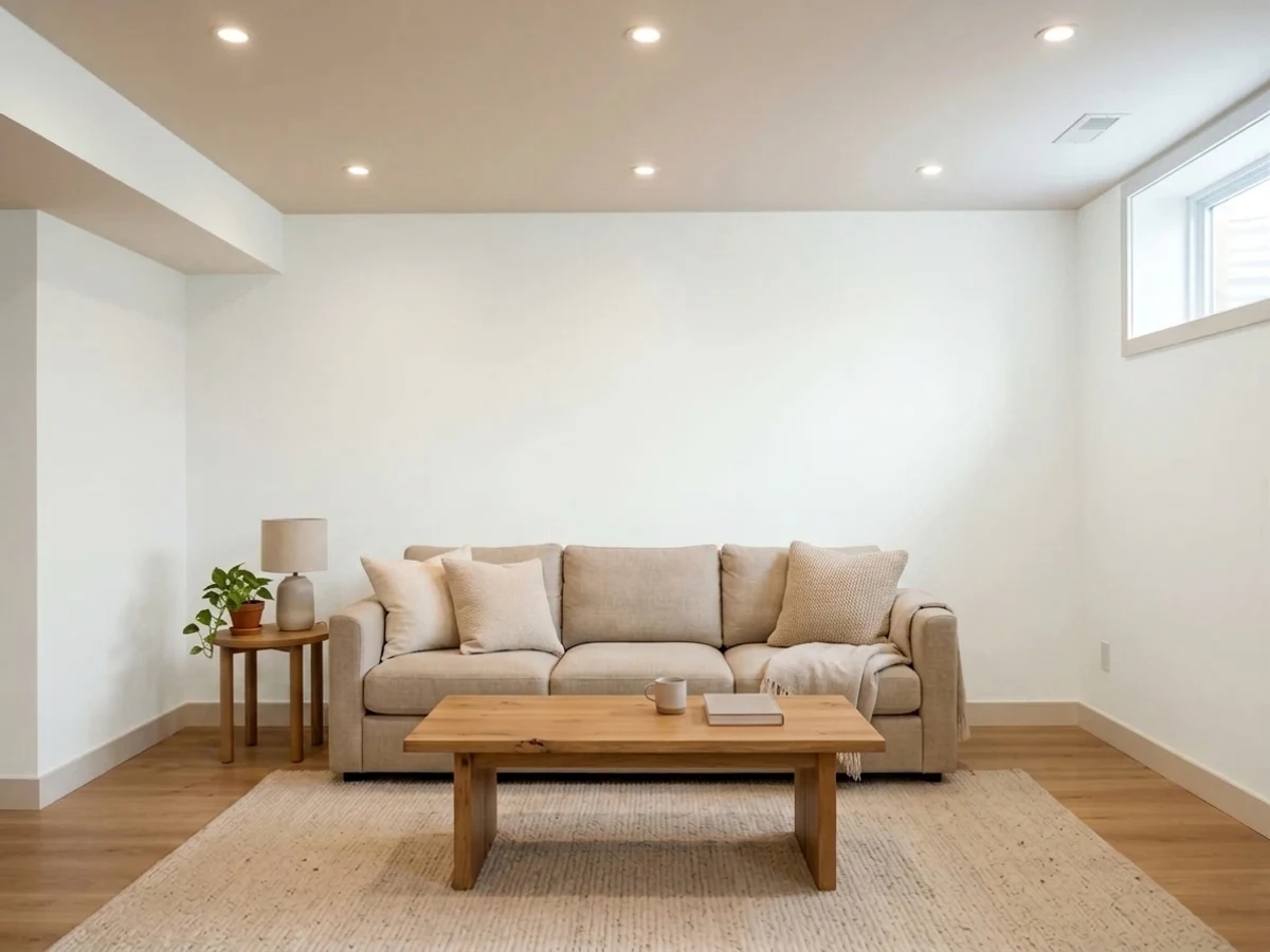 warm white ceiling and walls — trending white basement colors 2026