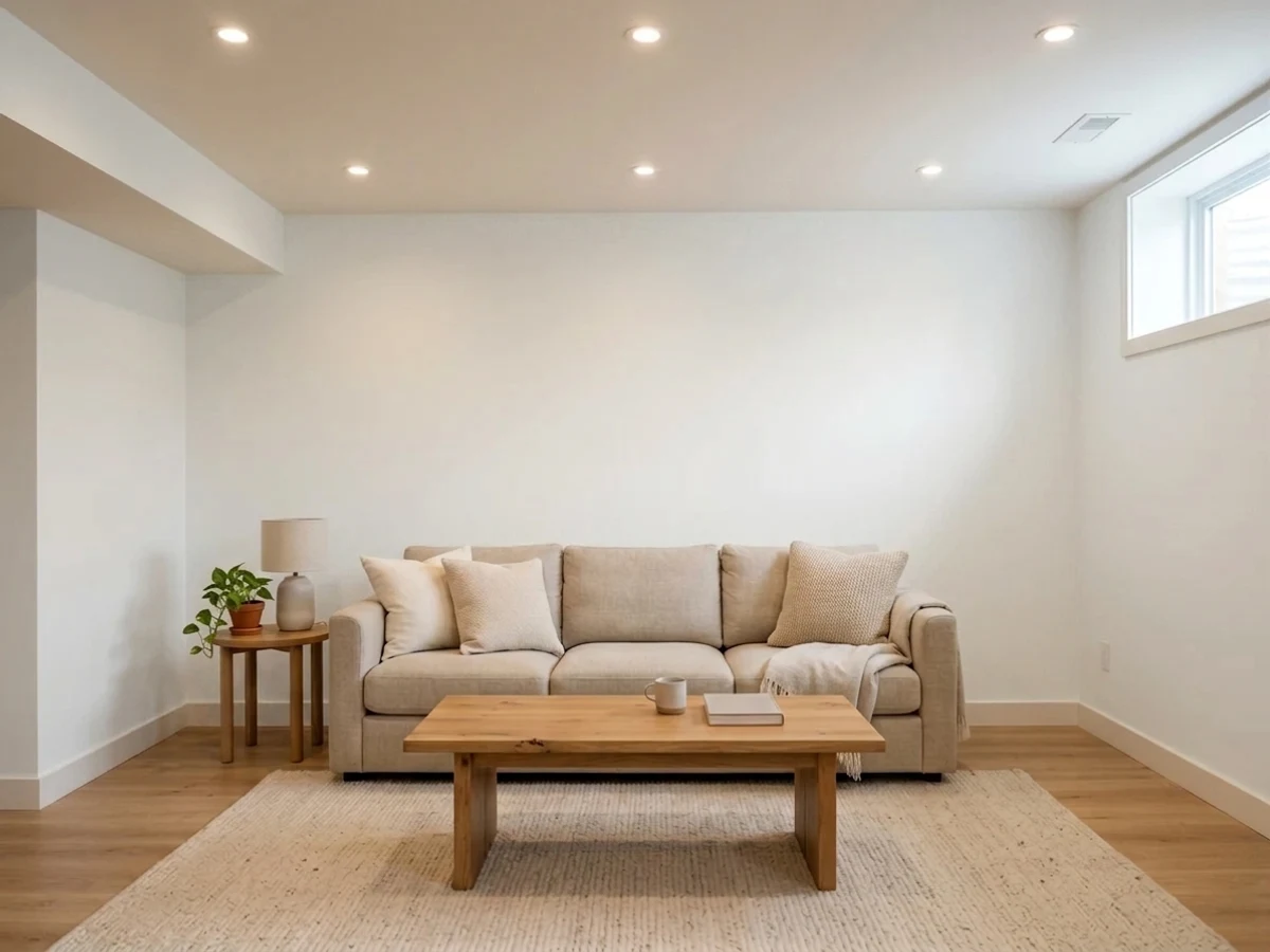 soft white with wood tones — trending white basement colors 2026