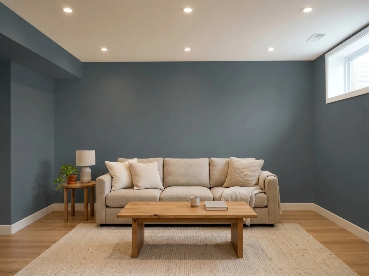 near-black charcoal accent zones — trending gray basement colors 2026