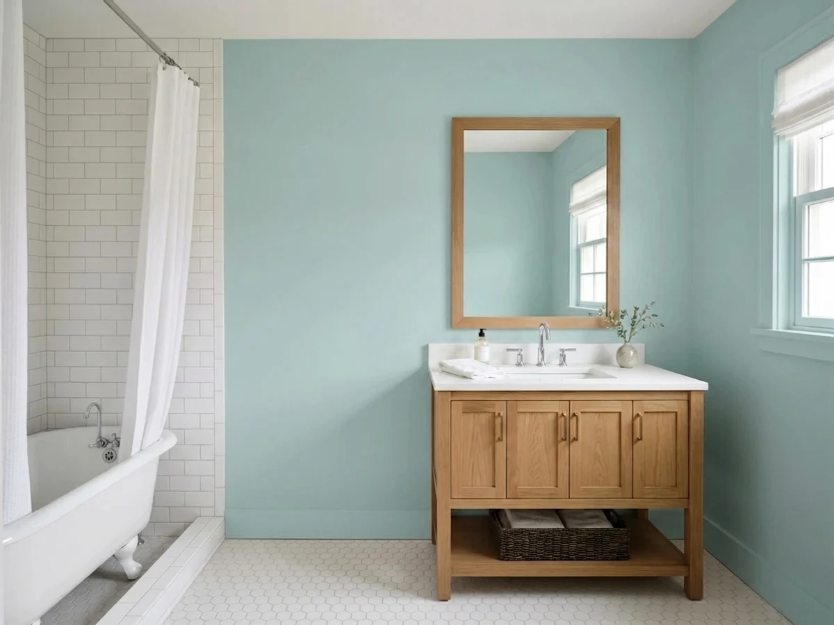 misty coastal blue-green — trending teal bathroom colors 2026