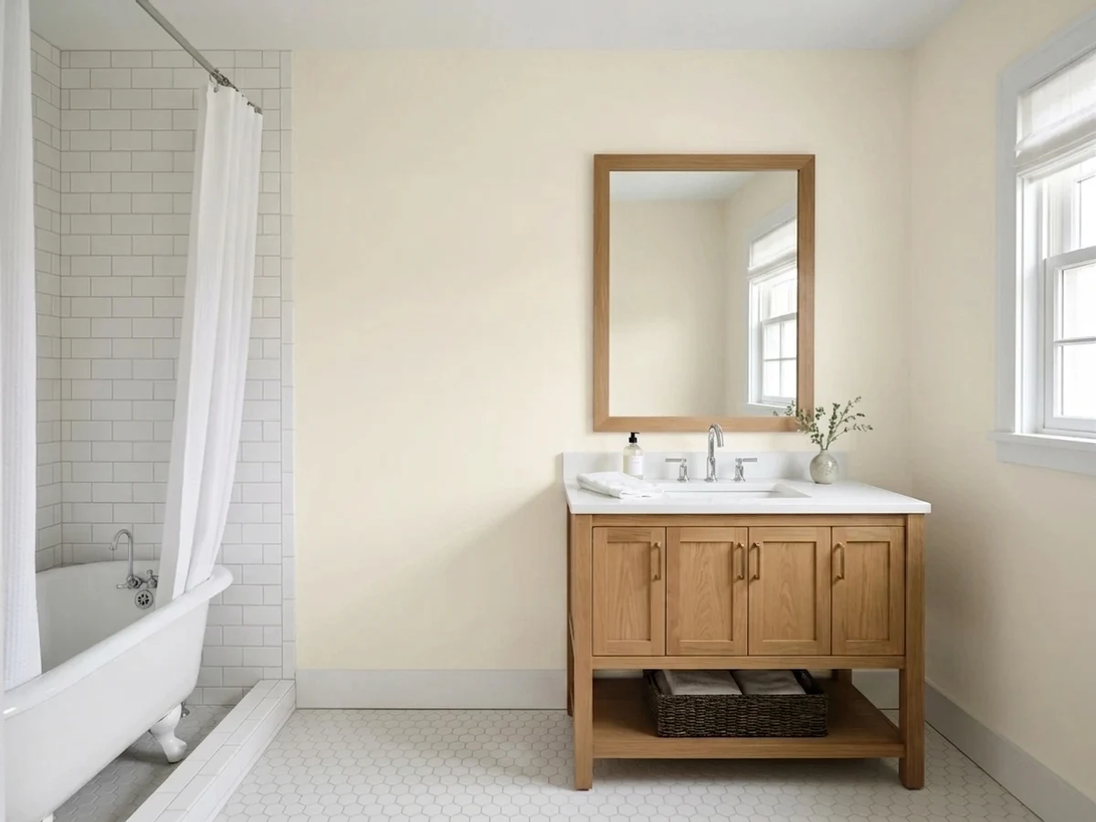 soft warm white trim — trending neutral bathroom colors 2026