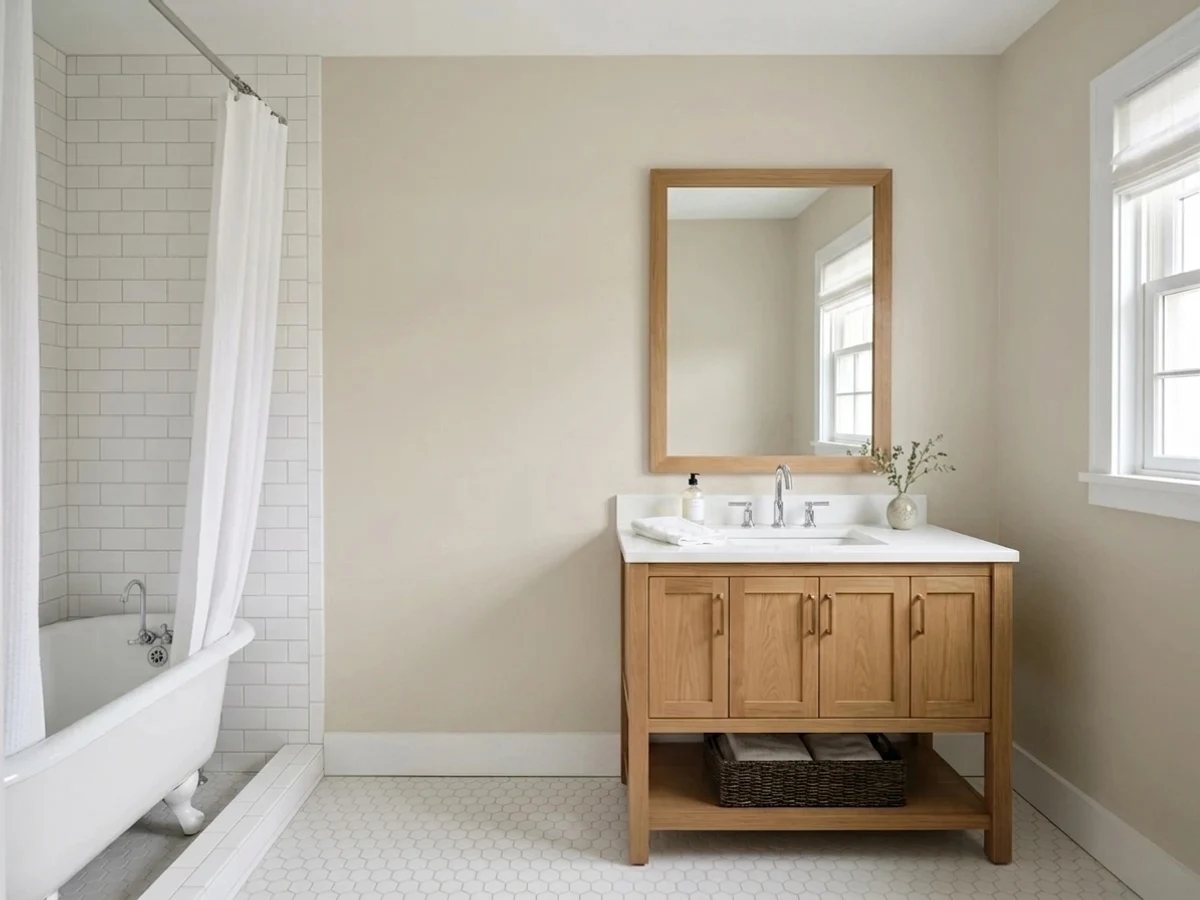 warm putty tone — trending neutral bathroom colors 2026