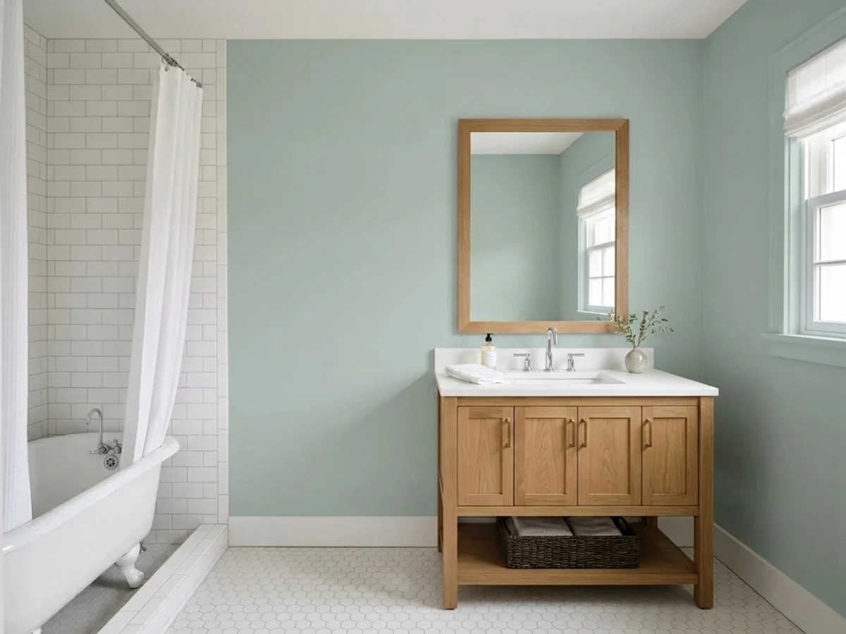 Wythe Blue — teal bathroom painted in Wythe Blue
