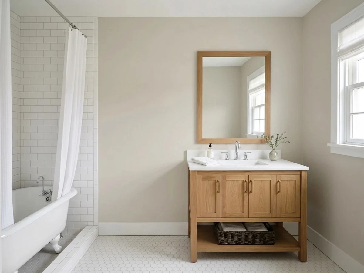 warm greige walls — trending neutral bathroom colors 2026